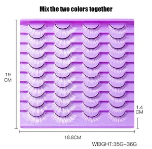Detail view of 20 pairs of white false eyelashes in a purple tray with dimensions