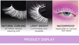 Three-panel view of 3D white faux fiber eyelashes showing natural curling and 3D weave texture