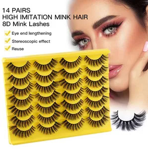 Detail of 14 pairs of 8D faux mink eyelashes showing thick 3D volume and winged effect
