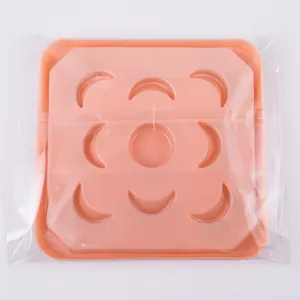 Detailed top view of a pink silicone eyelash mold with moon and circle geometric shapes