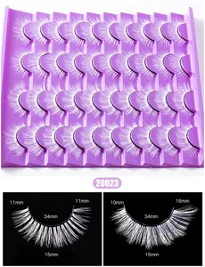 Detailed size chart for white synthetic fiber eyelashes showing lengths from 10mm to 16mm