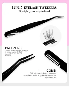 Detailed view of 2-in-1 black lash tweezers with integrated comb and precise grip