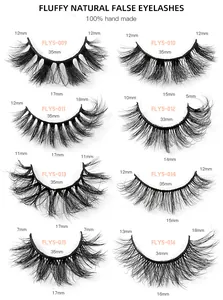 Size chart showing 8 styles of handmade 3D fluffy mink-effect false eyelashes specifications