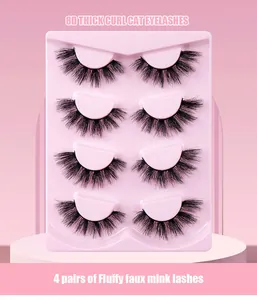 Detail von 4 Paaren 8D dicken, lockigen Katzenaugen-Wimpern in rosa Verpackung