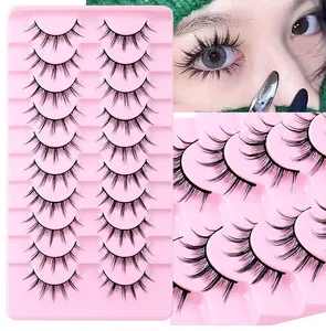 Dettagli di 10 paia di ciglia finte Manga naturali con vassoio rosa e look su modella