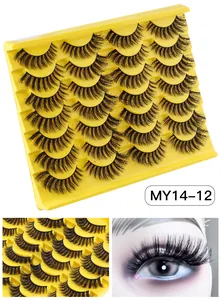 Macro detail of dense 3D mink faux eyelashes and 14-pair set model MY14-12 on model