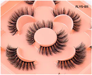 Detailed top view of 5 pairs of 3D faux mink eyelashes with model number FLY5-011