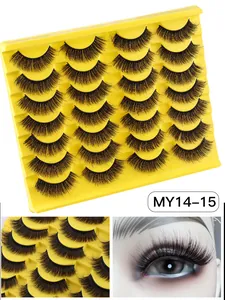 Detail of 14 pairs of thick black faux mink eyelashes with macro texture and wearing effect