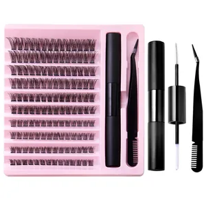DIY segmented false eyelash set with 10 rows mixed cluster lashes glue and tweezers