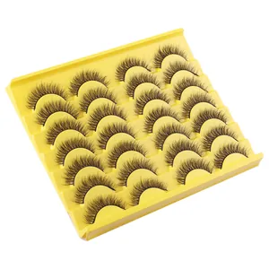 20 pairs of fluffy synthetic faux mink eyelashes in bright yellow tray for daily makeup