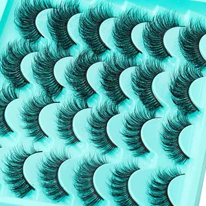 Set mit 14 Paar flauschigen künstlichen Nerzwimpern in blaugrüner Schale für Lockenlook