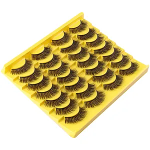 20 pairs of thick curled faux mink eyelashes in a bright yellow display tray base