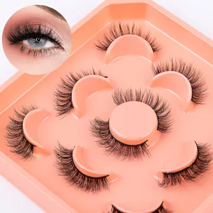 5 pairs of thick faux mink eyelashes with multi-layer curl in pink petal display tray