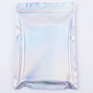Sachet d'emballage refermable holographique argenté avec zip et trou de suspension