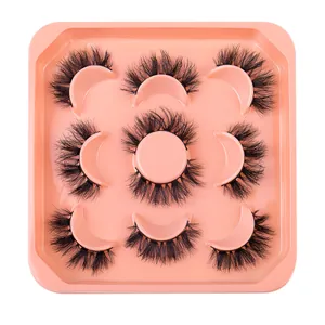 Pack of 9 pairs dense fluffy faux mink eyelashes in pink tray for dramatic eye makeup look
