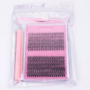 Kit d'extension de cils DIY avec cils, pince, brosse et colle en pochette holographique