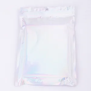 Pochette d'emballage laser irisée avec fermeture hermétique et trou de suspension