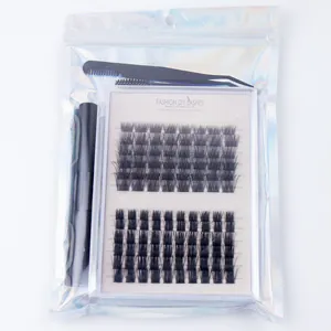DIY individual lash cluster kit including lashes, glue, tweezers and comb in holographic bag