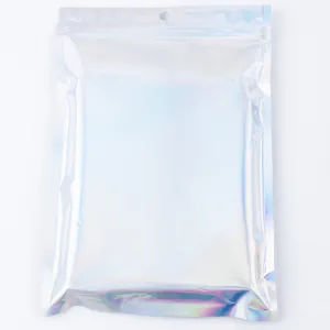 Close-up of laser holographic resealable packaging bag with zip lock and hanging hole