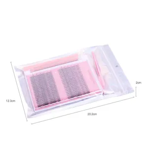 Kit d'extension de cils DIY détaillé avec bouquets, brosse et outils en pochette claire