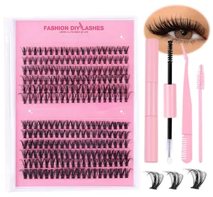Détails kit d'extension de cils DIY avec grappes, colle et pince à épiler rose