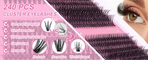 Vue macro de 240 grappes d'extensions de cils DIY légères et sans résidus en noir profond