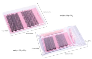 Dimensions du kit de cils individuels DIY incluant boîte, brosse et pochette argentée