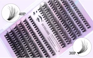 Détail macro de faux cils DIY montrant la densité 30P et 40P et la texture des fibres