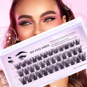 DIY cluster lash extension kit featuring dense synthetic fiber segments on a pink background