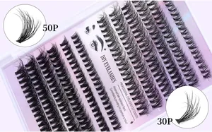 Vue macro des grappes de cils segmentés DIY en plateau 12 rangées avec densité 30P et 50P