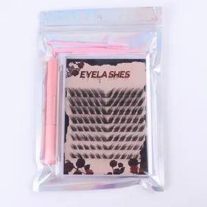DIY eyelash extension kit with 120 clusters, pink brush, comb, tweezers in laser pouch