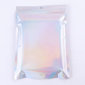 Detailed view of holographic resealable packaging bag with hanging hole and metallic finish