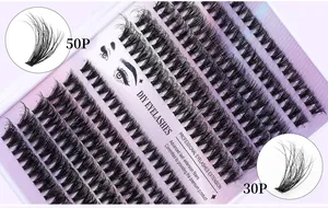 Vue détaillée des grappes de cils segmentées DIY en 12 rangées avec densité 50P et 30P