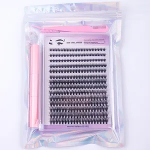 DIY cluster lash extension kit with natural wispy lashes, pink tweezers and glue in laser bag