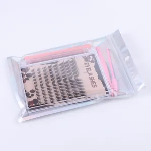 DIY eyelash extension kit with 120 clusters, pink tweezers and brush in holographic bag