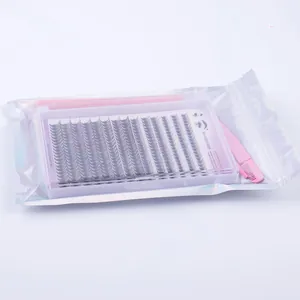 Detailed DIY eyelash extension kit with 14 rows of lashes and pink tweezers in a pouch
