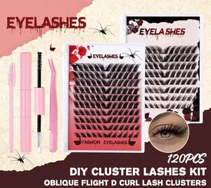 DIY cluster eyelash extension kit with 120 D-curl oblique flight lashes and tools