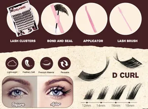 DIY eyelash extension kit with 12-18mm cluster lashes, bond and seal glue, and tweezers