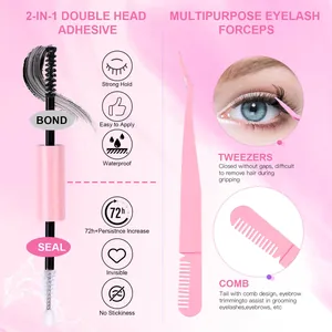 Kit colle à cils waterproof 2-en-1 avec pince à épiler de précision rose et peigne à cils