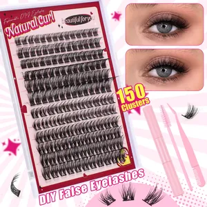 Kit d'extension de cils DIY 150 bouquets avec outils roses pour un aspect recourbé naturel