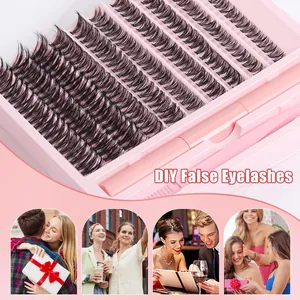 Kit d'extension de faux cils DIY avec grappes noires denses et outils en boîte rose