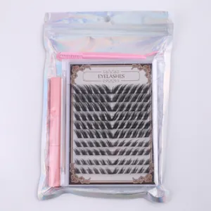 DIY cluster eyelash extension kit with tools in colorful holographic resealable pouch