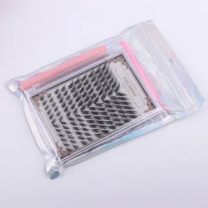 DIY cluster eyelash extension kit with pink applicator, brush and holographic pouch