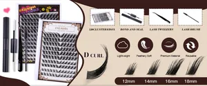 Macro detail of DIY cluster lash kit showing D-curl fibers, glue, and length specs 12-18mm