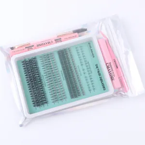 DIY eyelash extension kit with glue, seal, tweezers, and 360 clusters of 5-16mm lashes