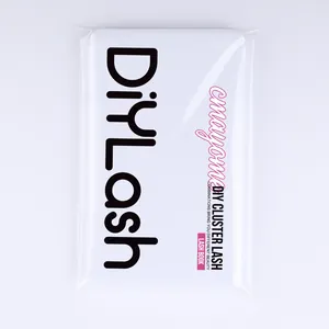 Front view of white DIY cluster lash book packaging with logo in clear plastic wrap