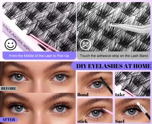Makro-Detail von Natural Wispy DIY Wimpernbündeln mit Werkzeugen und Anleitung