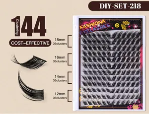 Detail of 144 cluster lashes DIY set featuring D-curl cat eye styles in 12mm to 18mm lengths