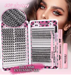 DIY eyelash extension kit with 604 clusters, bond, seal, remover and tweezers set