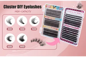 Detailed comparison of 30D to 80D individual cluster lash extensions in a pink palette box